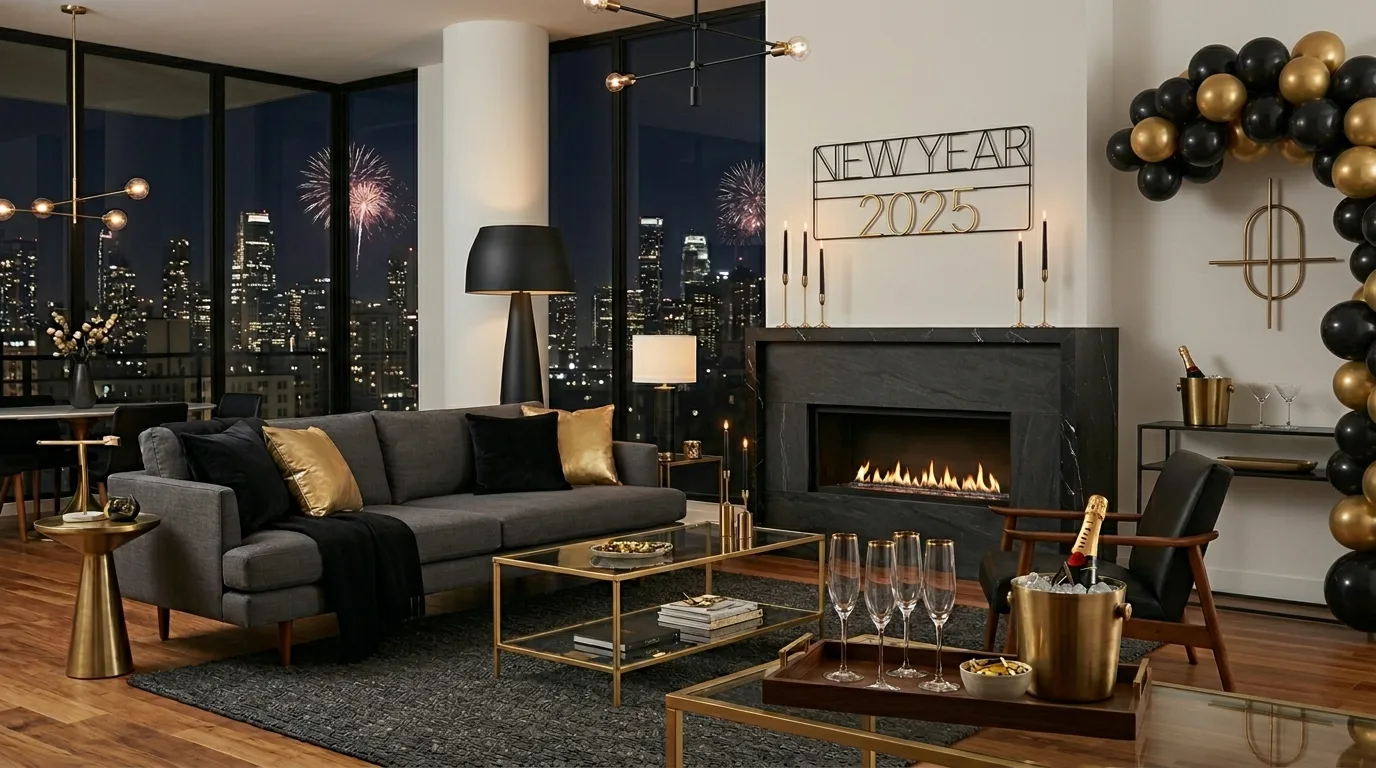 Bring in metallic accents that catch the room light beautifully inspiration for a New Year celebration setting.